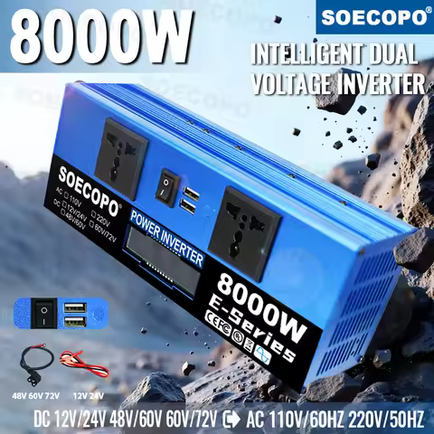 SOECOPO 8000W Dual - Voltage Inverter DC 12V/24V DC 48V/60V DC 60V/72V→AC 110V/220V, 2 Sockets, LCD,