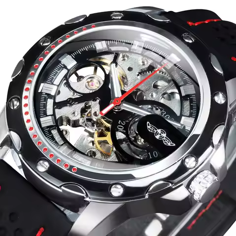 WINNER Sports Outdoor Automatic Watch for Men Luminous Hands Black Skeleton Mechanical Watches Luxur