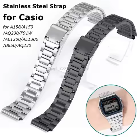 for Casio Stainless Steel Strap 18mm Metal Watchband for A158/A159/AQ230/F91W/AE1200/AE1300/B650/AQ2