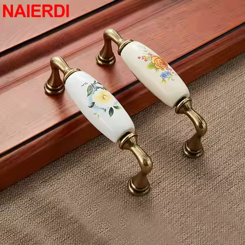 NAIERDI Peony Ceramic Cabinet Handles Zinc Alloy Drawer Knobs Wardrobe Door Handles Furniture Cabine