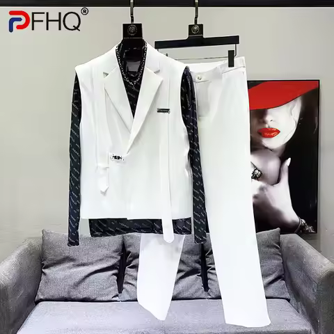 PFHQ 2023 Summer New Fashion Casual Men's 2 Pcs Set Solid V-neck Sleeveless Blazer Vests Straight Pa
