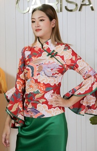 Carisa เสื้อคอจีน ผ้าคอตตอลผสมสเปนเด็กซ์ แขนพวง ลายมังกรดอกไม้ [4360]