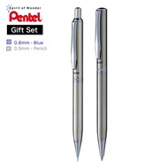 Pentel ปากกาลูกลื่น B810 + ดินสอกด A810 เพนเทล 0.5mm ด้ามสีเงิน พร้อมกล่อง