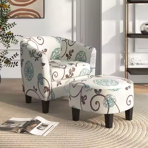 Small Accent Chair with Ottoman Set, Upholstered Barrel Chair with Footrest, Modern Accent Armchair 
