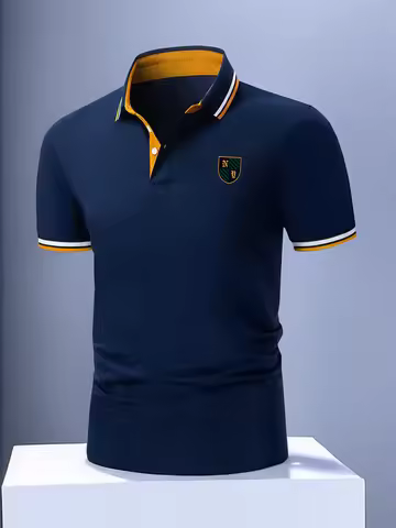 Men's Casual Fashion Polo Shirt with Letter Print Pattern, Pique Fabric, Summer Short-Sleeve Top