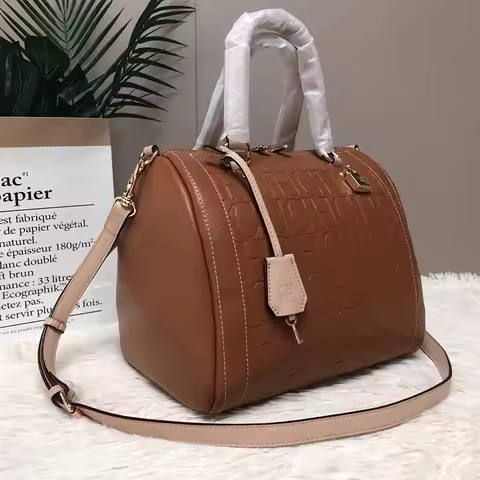 CH Carolina Herrera Boston Bag Women Leather Embossed Logo Shoulder Bag Luxury Travel Handbag Large 