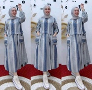 Gamis Midi Bahan Katun Premium KORINA Midi Busui Motif Garis Kotak Best Seller