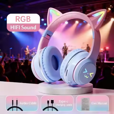 Cat's Ears Headset RGB Light Smile Face TWS Headset Gradient New Headphone Pink Little Girl Earphone