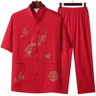 Kostum Cina untuk Lelaki Baju Lengan Pendek Set Seluar Cheongsam Cina Sulaman Naga Tang Sut Lelaki S