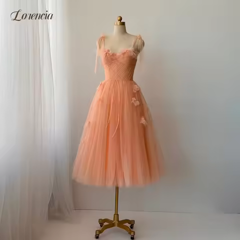 Lorencia Sweetheart Peach Tulle Midi Prom Dresses Bow Straps 3D Flowers Tea-Length A-Line Wedding Pa