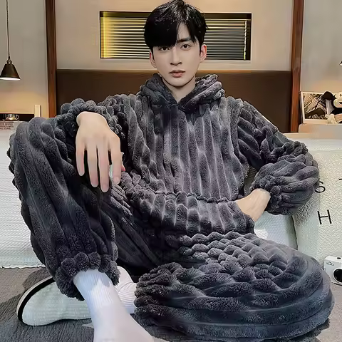 Korean Fashion Winter Flannel Warm Nightwear for Men Hooded Sleepwear 2Pcs/set Sleeping Top Pant Hom