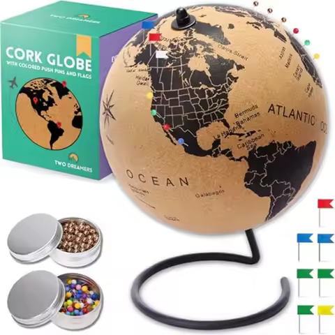 Mini Cork Globe 7.5" Tall World Travel Map with Metallic and Colored Push Pins 3D World Map Pin Boar