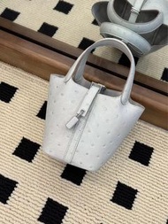 Hermes🌟picotin 14 80珍珠灰銀釦 鴕鳥皮stamp b