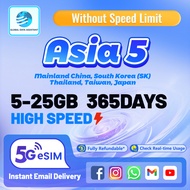 Asia 5 eSIM:China+Thailand+Japan+SK+TaiWan eSIM 5-25GB  365 Days 24h Email Delivery High Speed ⚡