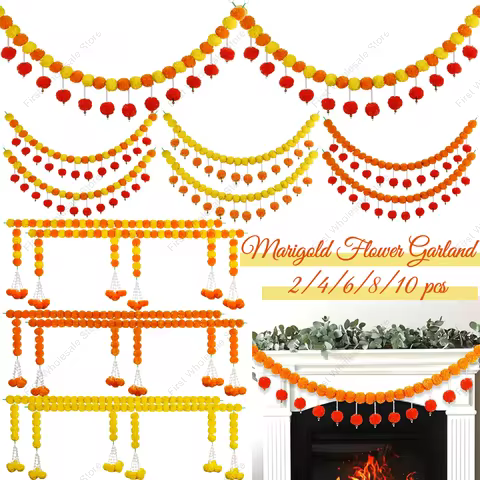 2-10pcs Marigold Flower Garland For Decoration Artificial Flower Garland Pooja, Diwali,Mexican Party