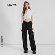 LVT-017 Lovito Casual Plain Button Pocket Women Jeans L35AD048 (Black) 韩款大口袋牛仔长裤