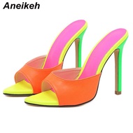 Aneikeh 2023 Orange Sandals Mules High Heels Pointed Toe Heels For Women Summer Slippers Lady Party