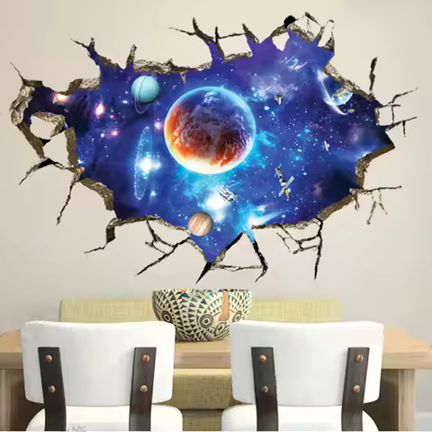 3D Cosmic Space Planet Broken Wall Stickers For Kids Room Bedroom Decals Nursery Home Decoration Mur