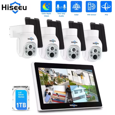 Hiseeu 10CH NVR 4MP WiFi PTZ Solar IP Cameras System Kit Color Night Vision Human Detection P2P Outd