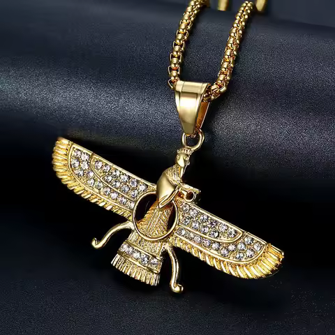 Hip Hop Iced Out Iran Ahura Mazda Faravahar Pendant Gold Color Stainless Steel Zoroastrian Necklace 
