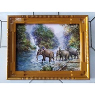 Auspicious Hanging Picture Wall Frame Teak Elephant Size 46 X 58 Cm. 2