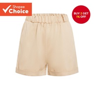 Women Plain Shorts Casual Elastic Waist Pocket Roll Up Shorts L20D064 (Khaki/Black/Tan)
