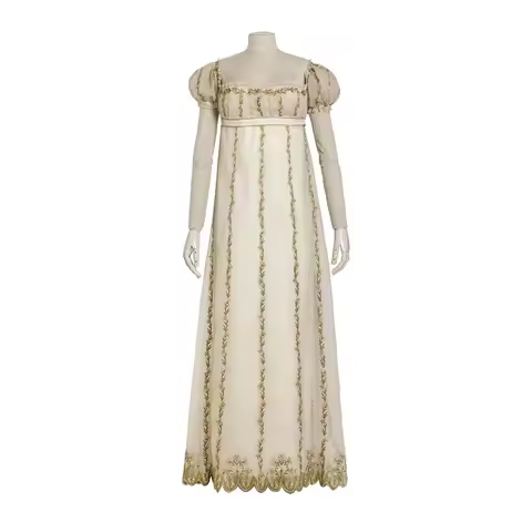 Tudor Regency Afternoon Costume Royal Court Noble High Waistline Embroidered Dress Medieval Tea Part