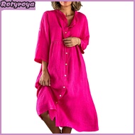 Women Button Down Tunic Dress Casual 3/4 Sleeve Crew Neck Midi Dress Summer Beach Vacation T-shirt D