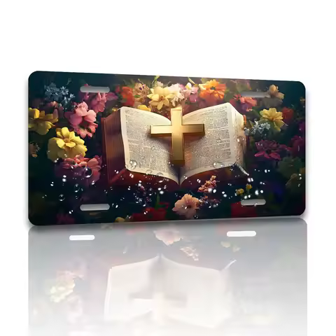 Bible Cross Flowers License Plate Custom Funny Metal Car Tag Cover Decor