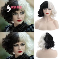 Ladies cos wig black and white witch Kuila Cruella short curly hair chemical fiber wig