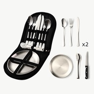 10pcs/set Alat Makan Camping 2 Person Portable Alat Makan Set Stainless Cutlery Set Piring Sendok Tr