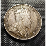 Malaya British Borneo Straits Settlements King Edward VII Old Silver Coin 1 Dollar Year 1907 ( Origi