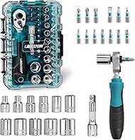 LIBRATON 26PCS 1/4" Drive Mini Socket & Ratchet Wrench Set with Bits, 4-14mm Metric Shallow Sockets,