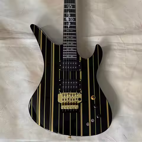 US Warehouse A7X Electric Guitar Black Gold Striped Finish Gold Hardware Floyd 6 String 24 Frets Dea