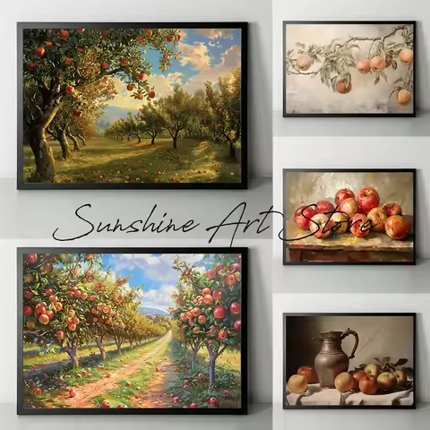 Fall Apple Orchard Art Painting Poster Canvas Printing Apple Trees Art Prints Apples Still Life Oil 