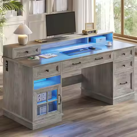 Farmhouse Executive Desk with Drawers Computer Desk with File Drawers, Power Outlet and Led Lights, 