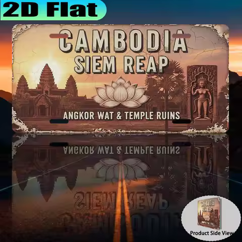 2D Flat Cambodia Siem Reap Angkor Wat Temple Ruins Vintage License Plate Style Aluminum Metal Painti