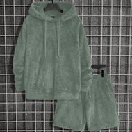 Men Knitted Casual Plush Hoodie And Shorts Set With Bear Patchwork, For Fall Winter, Clothes