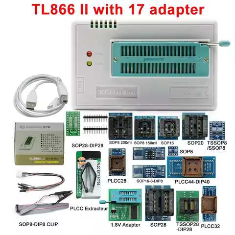 TL866II Plus Universal Minipro Programmer+17 Adapters+Test Clip TL866 PIC Bios High speed Programmer