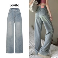 Lovito กางเกงยีนผู้หญิง สไตล์ลำลอง สีพื้น มีกระเป๋า L70AD071 (ฟ้าอ่อน)