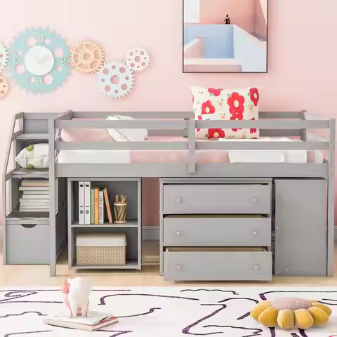 Full Size Loft Bed with Desk, 3 Drawers, Storage Stairs & Shelves, Gray Wood Design