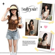 SultrySia Women's Square Neck Short Sleeve Lace Shirt With Tie Straps Slim Fit Looks Korean Style Pl