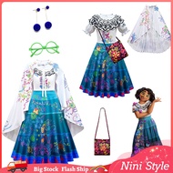Encanto Mirabel Madrigal Cosplay Costume for Kids Girl Magic Cowlneck Silk Ruched Dress Bag Hallowee