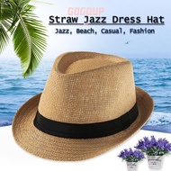 GOGUVO Straw Panama Cap Summer Gangster Cap Wide Brim Jazz Dress Hat