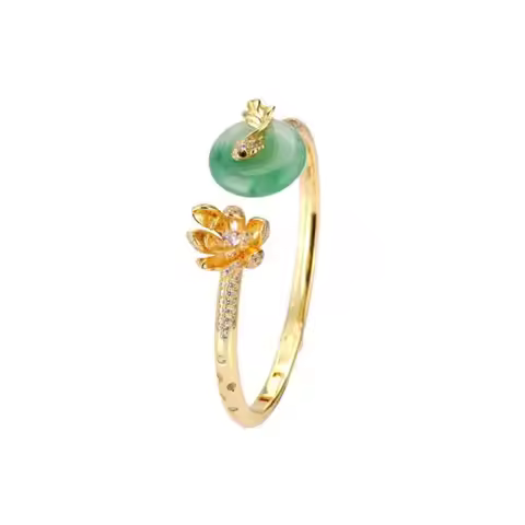 ZOCA Unique Luxury Original Design 925 Sterling Silver with Natural Jade Lotus Flower Bangle for Wom