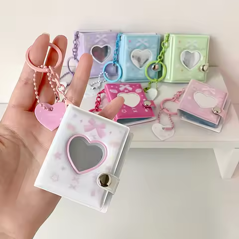 32pocket Bow Print Mini Photo Card Holder Keychain Album for Students ID Card Display 1/2in Kpop Pho