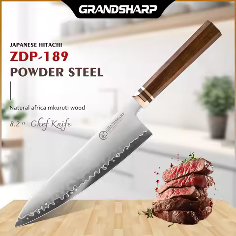 Grandsharp 8.5''Chef Knife ZDP-189 Steel Core 65-67 HRC High Hardness Blade with Mkuruti Wood Handle