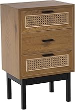 Mesa de Noche Madera/Mimbre C/3 Cayones + Patas Metal 40 x 30 x 65 cm, DM+Melamine Eating