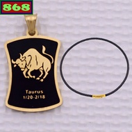 Taurus - Taurus gold stainless steel pendant with black leather necklace + gold stainless steel hook