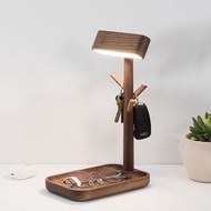 北歐LED檯燈置物架實木飾品收納鑰匙架床頭閱讀燈小夜燈